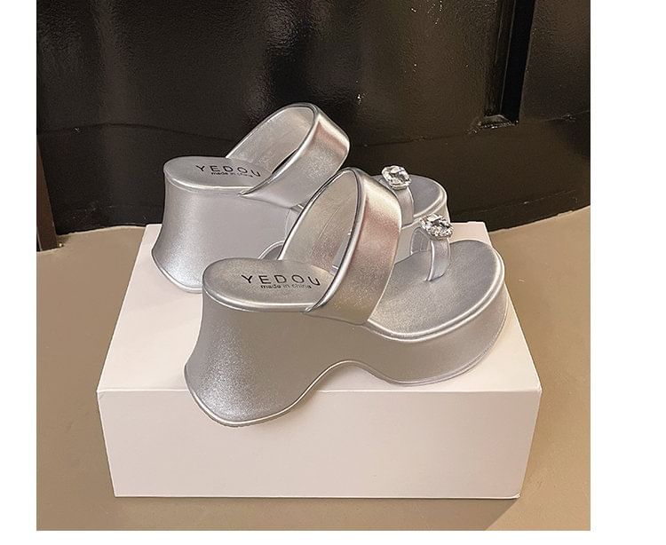 Platform Slide Heel Sandals Rhinestone Wedge Loop Toe