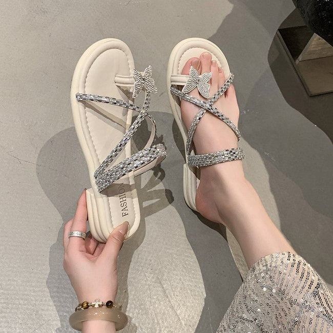 Butterfly Criss Cross Toe Rhinestone Sandals Slide Loop Main Image