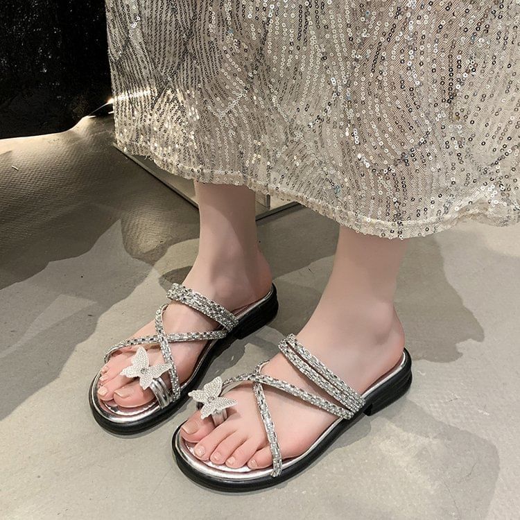 Butterfly Criss Cross Toe Rhinestone Sandals Slide Loop