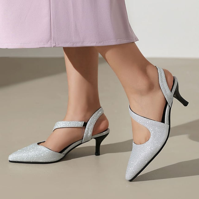 Kitten Heel Pointed Toe Glitter Slingback Sandals Main Image