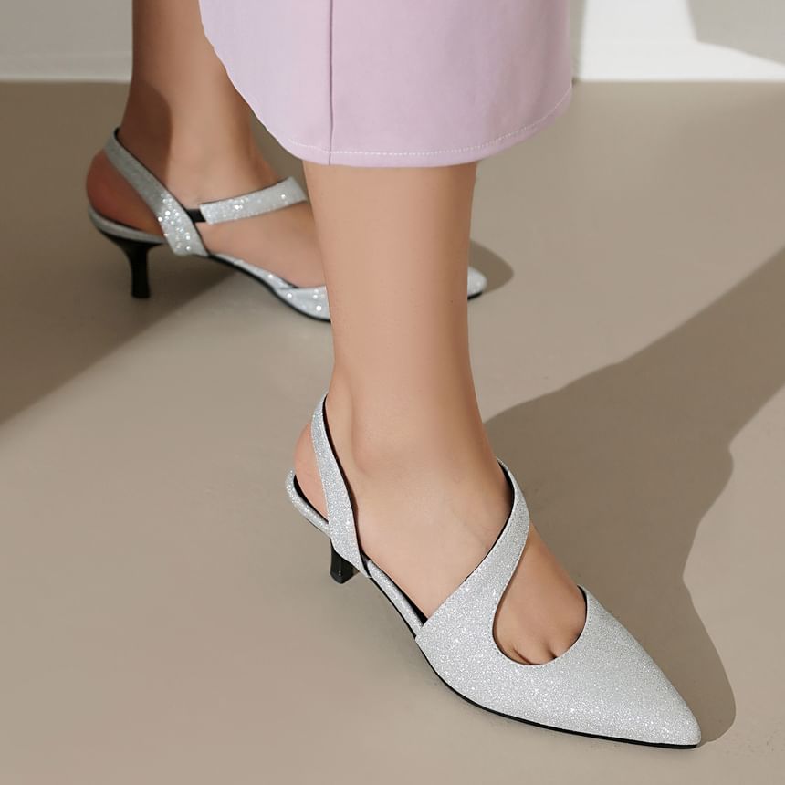 Kitten Heel Pointed Toe Glitter Slingback Sandals