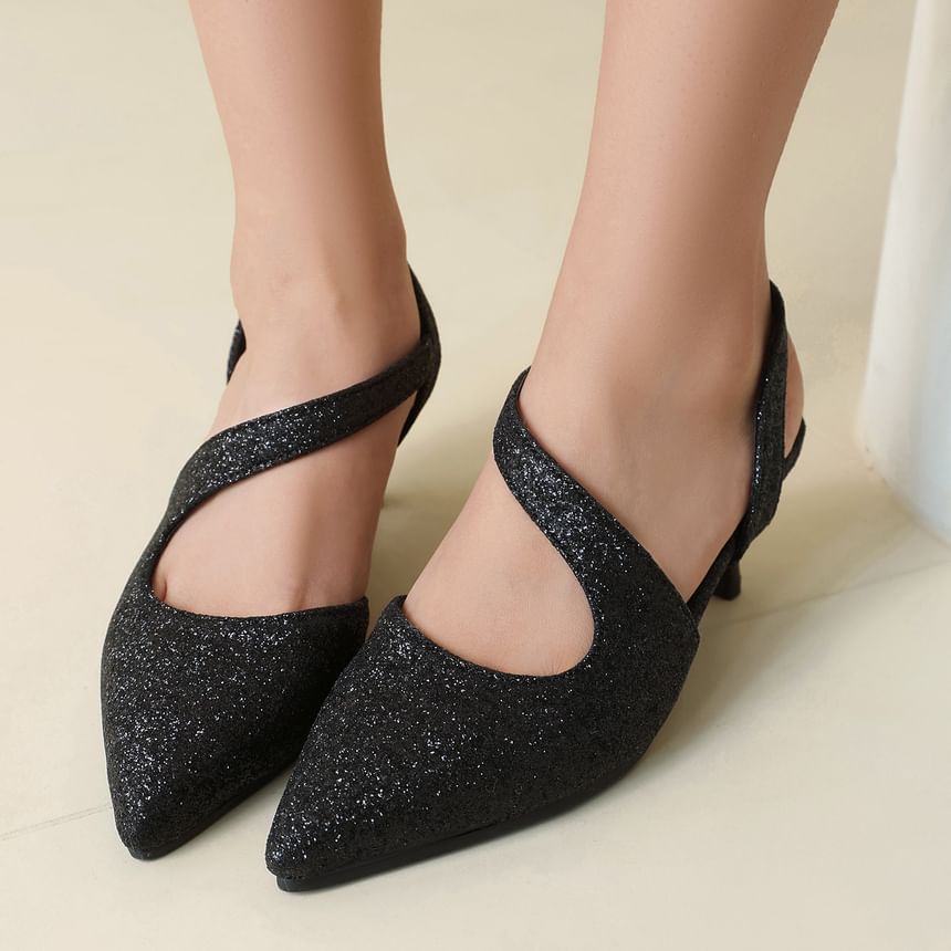 Kitten Heel Pointed Toe Glitter Slingback Sandals