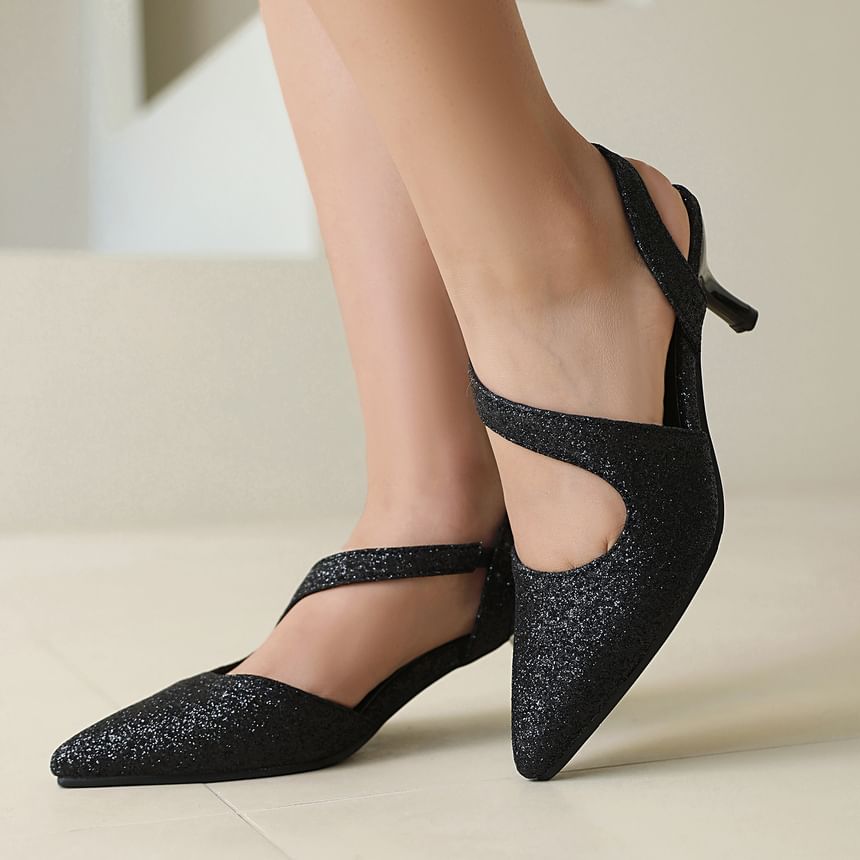 Kitten Heel Pointed Toe Glitter Slingback Sandals