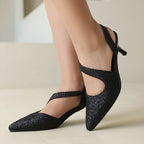 Kitten Heel Pointed Toe Glitter Slingback Sandals