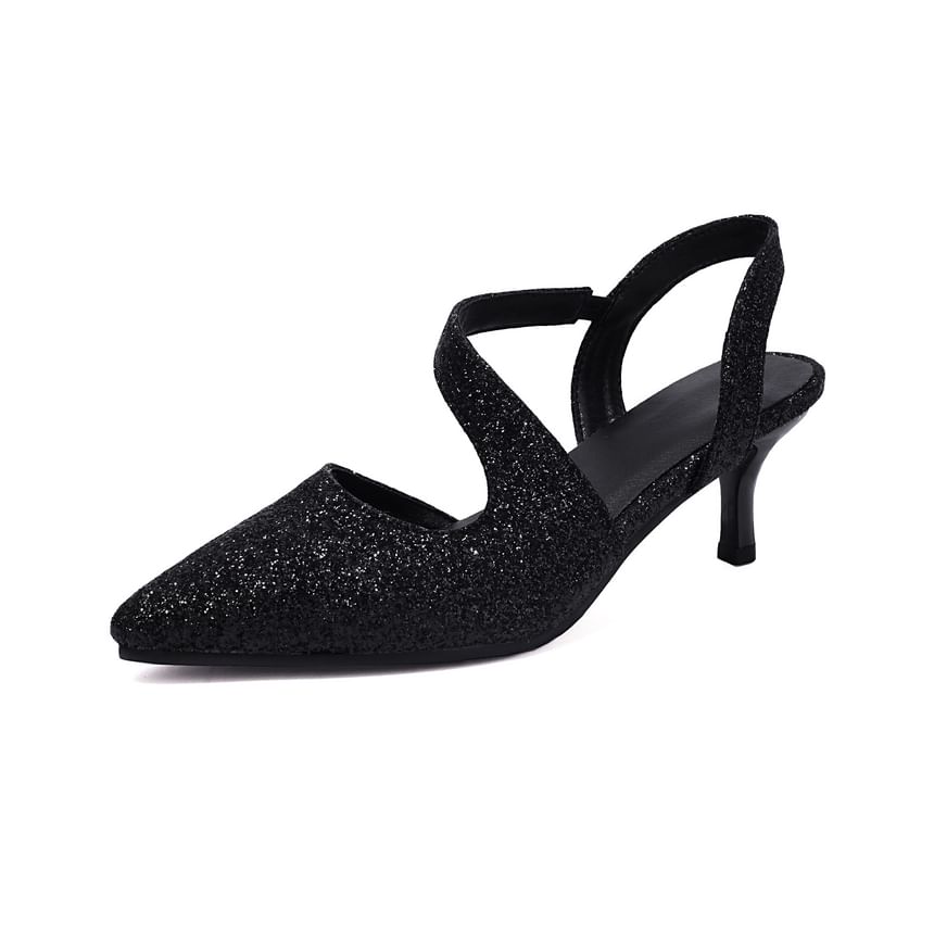 Kitten Heel Pointed Toe Glitter Slingback Sandals