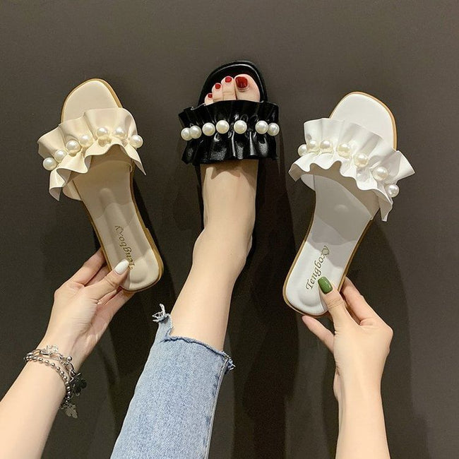 Pearl Faux Ruffle Slide Sandals Main Image