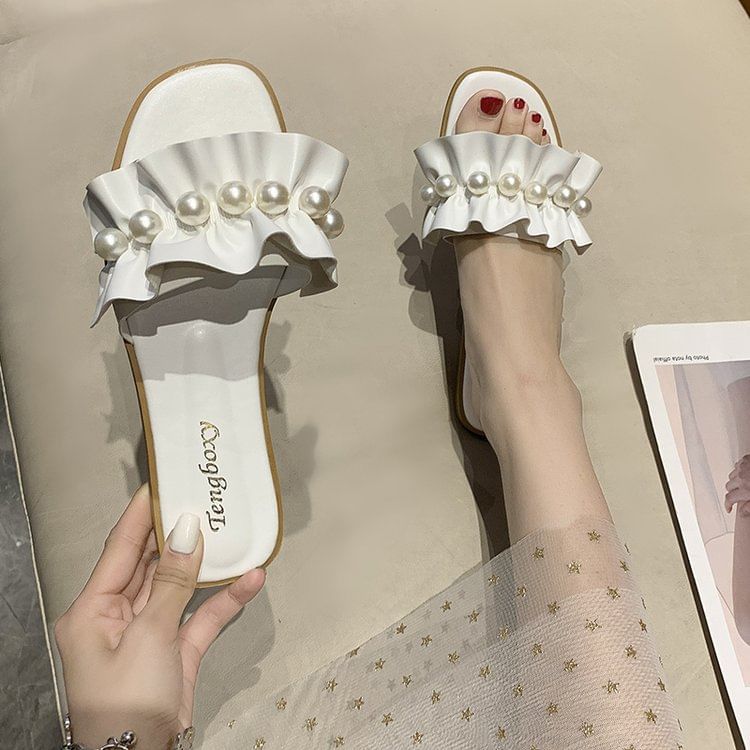 Pearl Faux Ruffle Slide Sandals