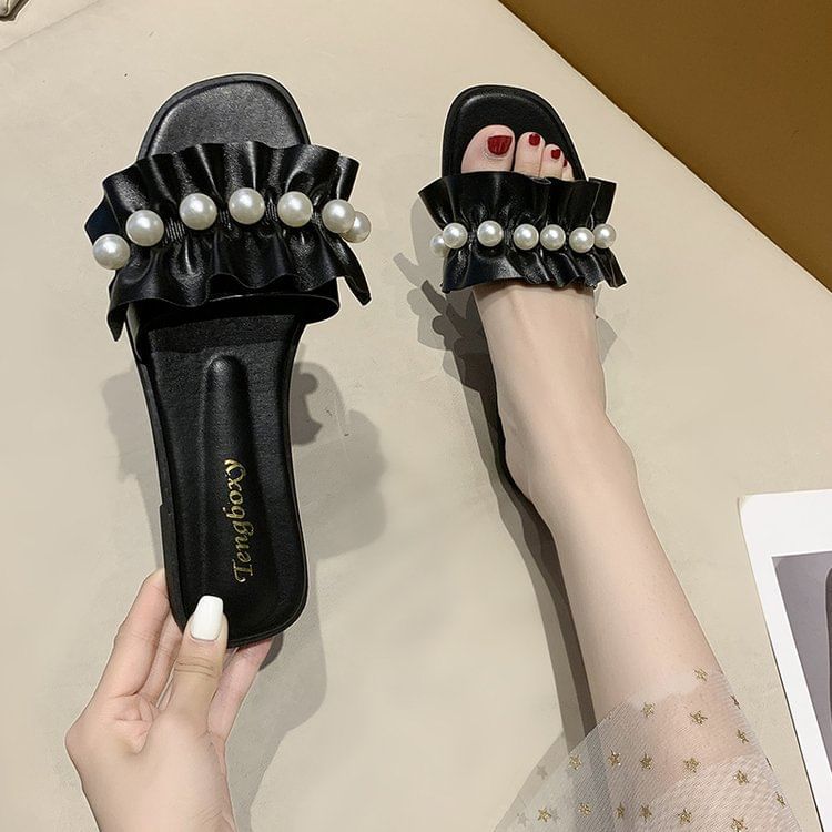 Pearl Faux Ruffle Slide Sandals