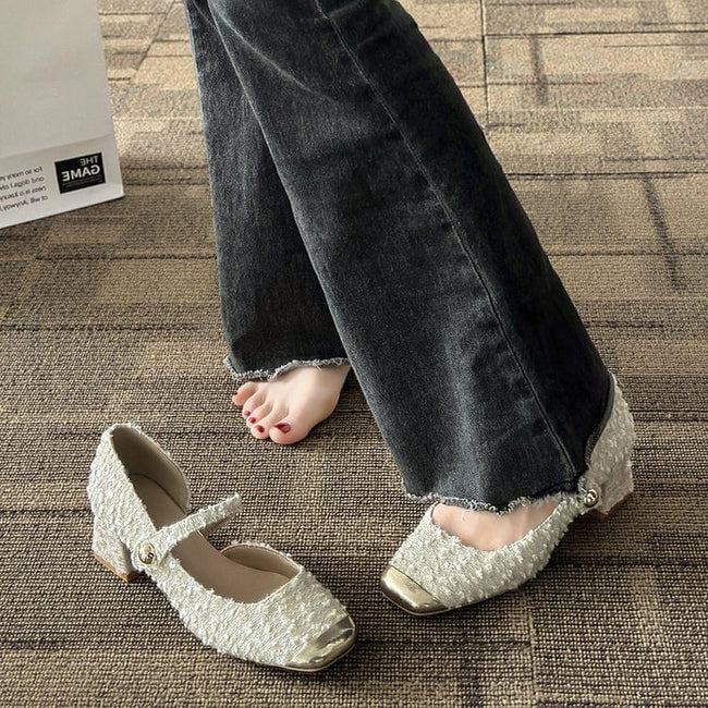 Pumps Sequin Mary Jane Heel Tweed Block Toe Square Main Image
