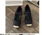 Pumps Sequin Mary Jane Heel Tweed Block Toe Square
