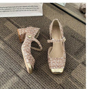 Pumps Sequin Mary Jane Heel Tweed Block Toe Square