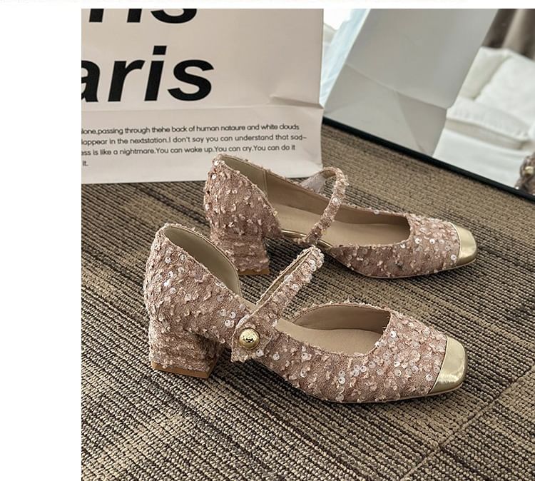 Pumps Sequin Mary Jane Heel Tweed Block Toe Square