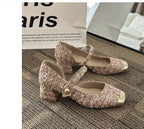 Pumps Sequin Mary Jane Heel Tweed Block Toe Square