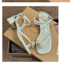 Block Heel Flower Sandals Pearl Faux