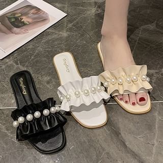 Pearl Faux Ruffle Slide Sandals Hover Image