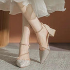 Heel Sandals Pointy Block Rhinestone