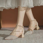Heel Sandals Pointy Block Rhinestone