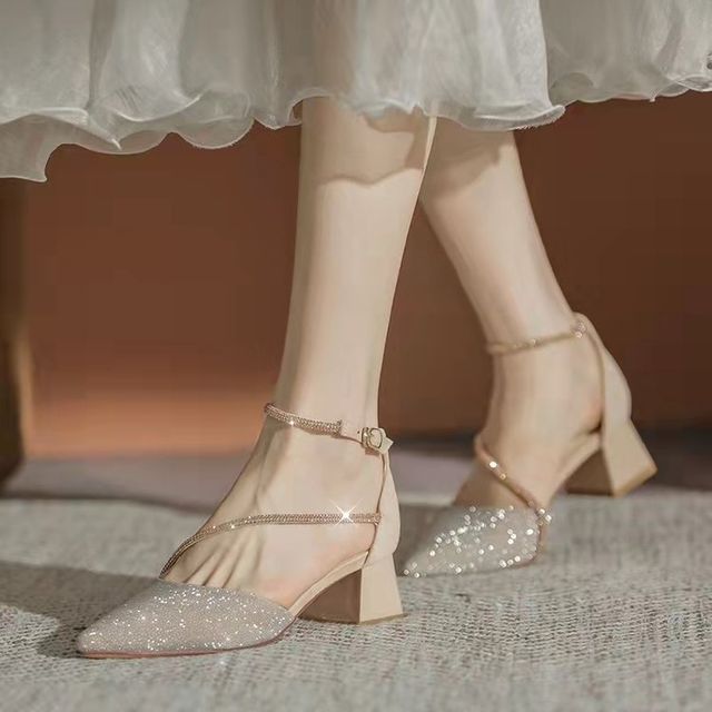 Heel Sandals Pointy Block Rhinestone
