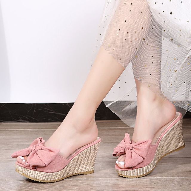 Wedge Slide Espadrille Bow Sandals Heel Hover Image