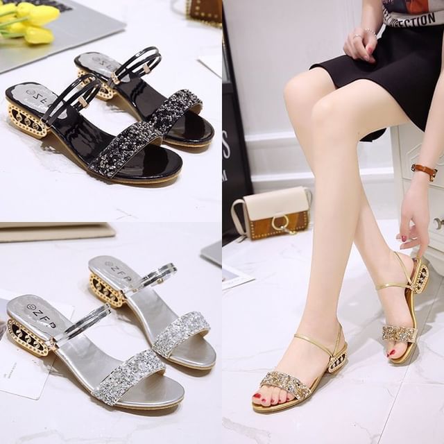 Heel Sequin Sandals Low Hover Image