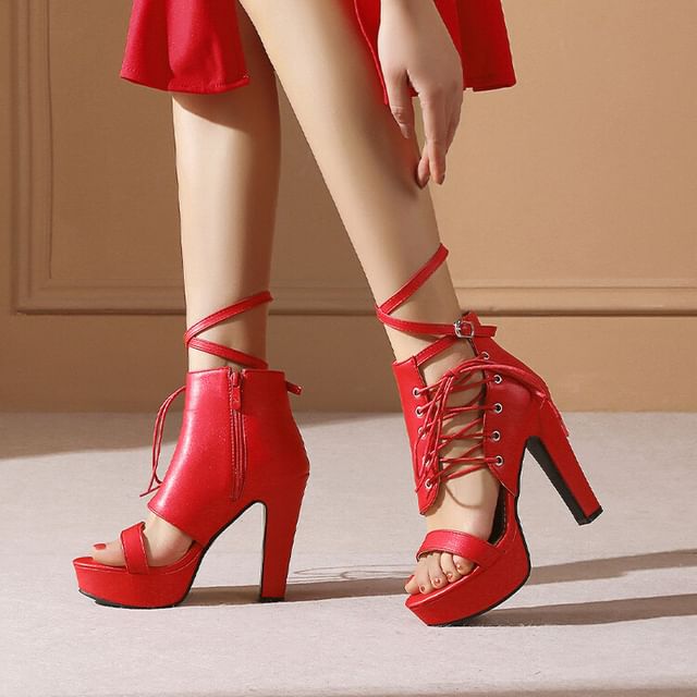 Ankle Strap Lace-Up Platform Chunky Heel Sandals Hover Image