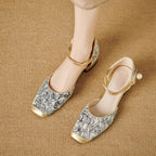 Square Cap Toe Ankle Strap Jacquard Sandals