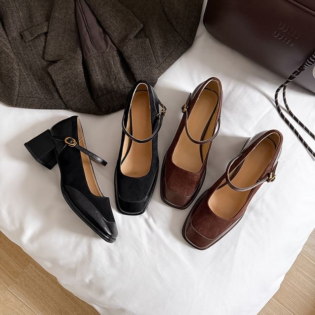 Chunky Heel Square Toe Plain Faux Leather Panel Mary Jane Pumps Hover Image