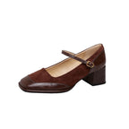 Chunky Heel Square Toe Plain Faux Leather Panel Mary Jane Pumps