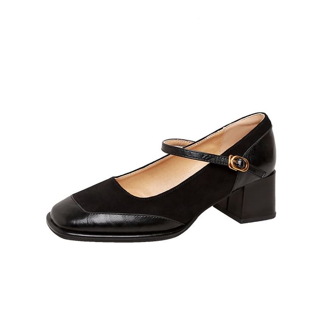 Chunky Heel Square Toe Plain Faux Leather Panel Mary Jane Pumps
