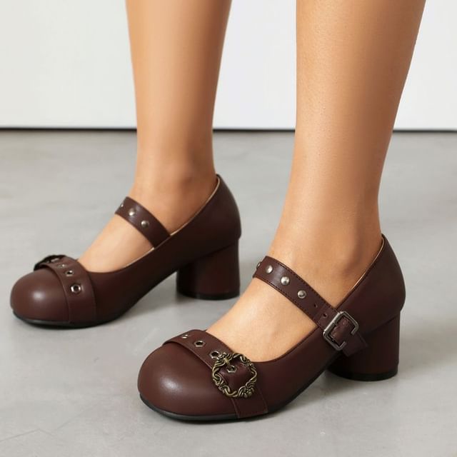 Chunky Heel Studded Buckled Faux Leather Mary Jane Pumps Hover Image