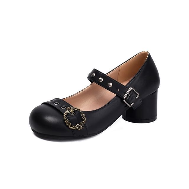 Chunky Heel Studded Buckled Faux Leather Mary Jane Pumps