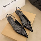 Slingback Pointed Kitten Heel Leather Sandals Toe Faux