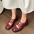 Chunky Heel Square Toe Plain Lace-Up Mary Jane Pumps