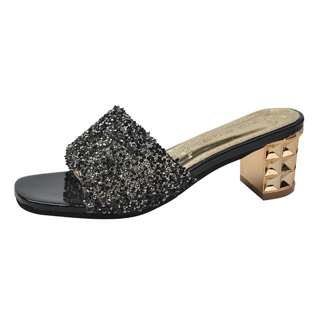 Chunky Heel Rhinestone Slide Sandals