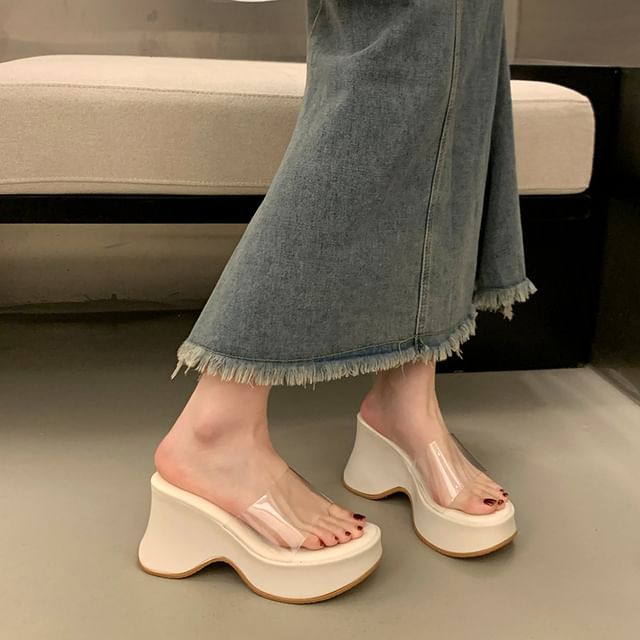 Platform Wedge PVC Sandals Heel Panel Slide Hover Image