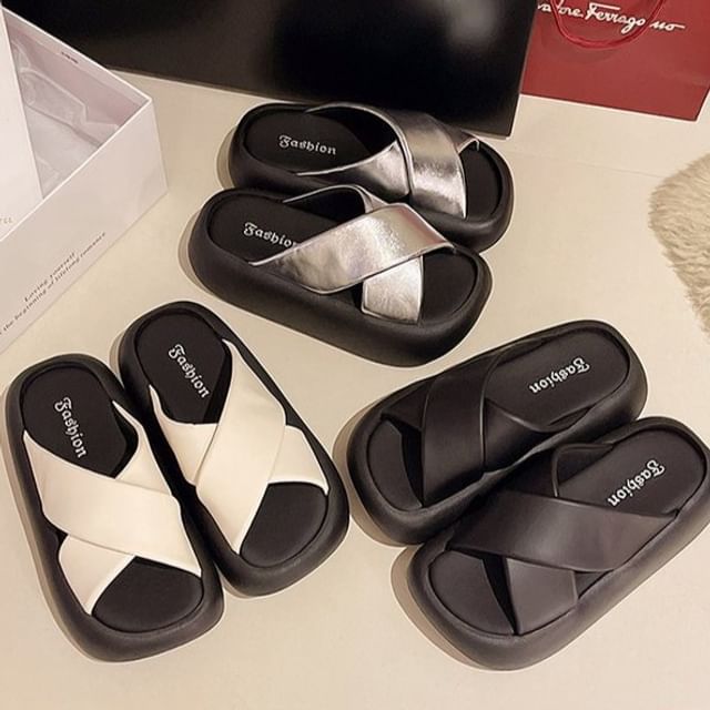 Platform Slide Sandals Criss Cross Hover Image