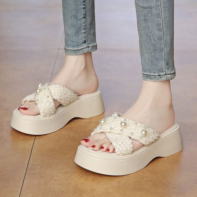 Slide Faux Platform Pearl Sandals Cross Criss Hover Image