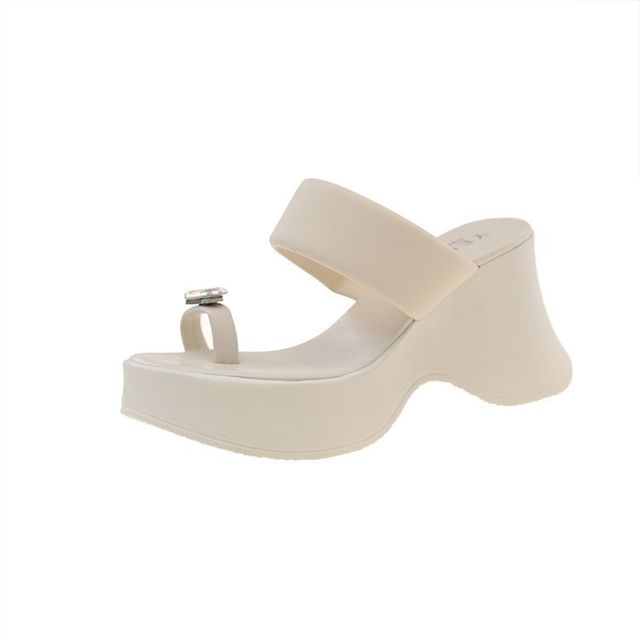 Platform Slide Heel Sandals Rhinestone Wedge Loop Toe