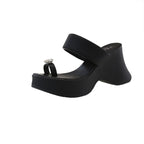 Platform Slide Heel Sandals Rhinestone Wedge Loop Toe