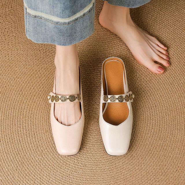 Square-Toe Rhinestone Mary Jane Mules