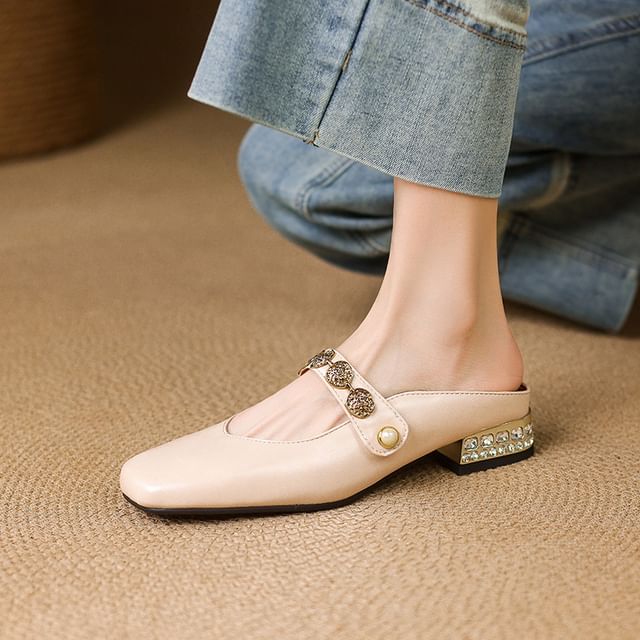 Square-Toe Rhinestone Mary Jane Mules