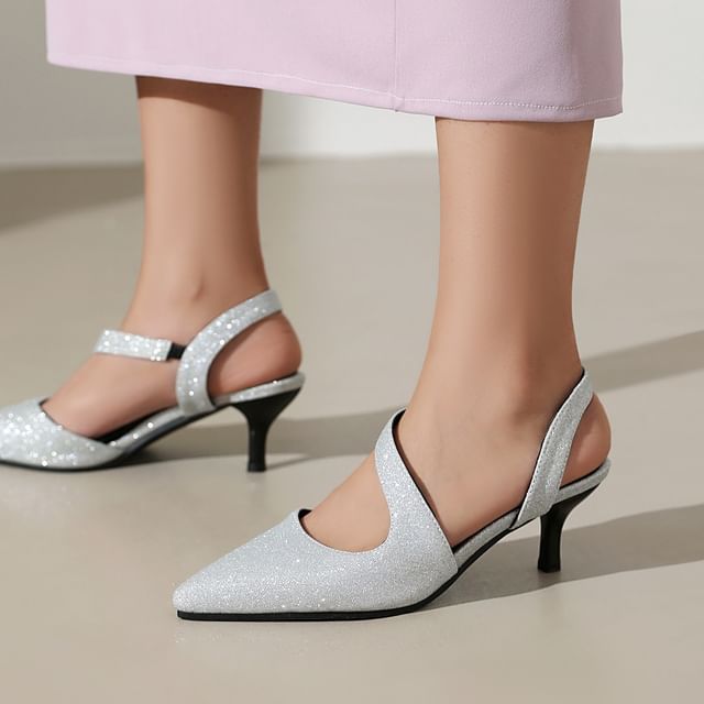 Kitten Heel Pointed Toe Glitter Slingback Sandals