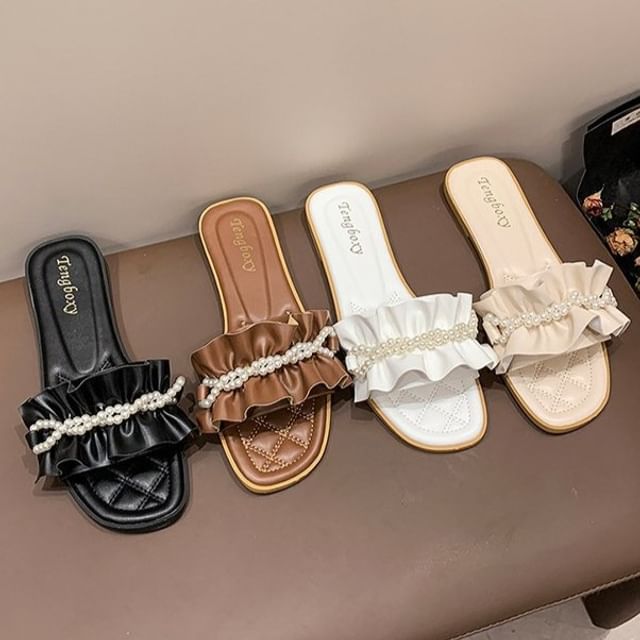 Ruffle Faux Sandals Pearl Slide Hover Image
