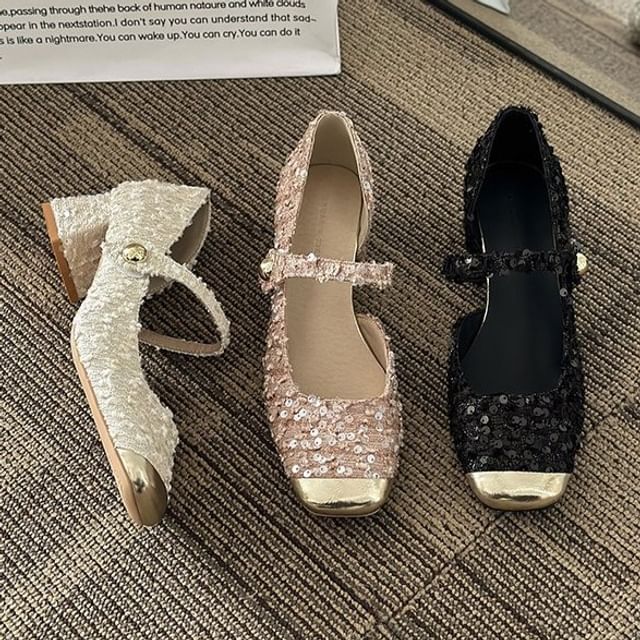 Pumps Sequin Mary Jane Heel Tweed Block Toe Square