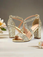 Heel Women's Sandals Block Glitter Gold