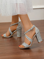 Heel Women's Sandals Block Glitter Gold