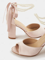 Heel Satin Pearl Block Ankle with Women's Peep-Toe Sandals
