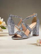 Heel Women's Sandals Block Glitter Gold