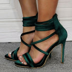 Heel Sandals Green Women's Stiletto Strappy – Satin