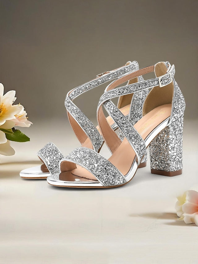 Heel Women's Sandals Block Glitter Gold Hover Image